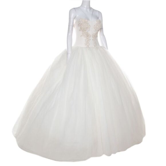 Vera Wang Cream Bead Embellished Silk Layered Tulle Gown L - Picture 3 of 4